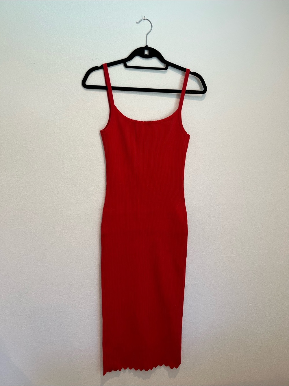 Red Ribbed Midi Slip Dress with Slim Straps and Scalloped Edges